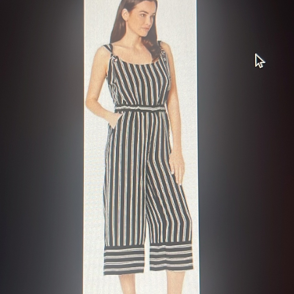 ECI Wide Leg Cropped Scoop Neck Tie Front Straps Black & White Stripped Jumpsuit